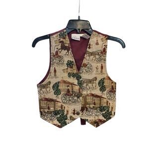 In Design Horse Drawn Carriage Trees Building Tapestry Vest Size 12 Vintage